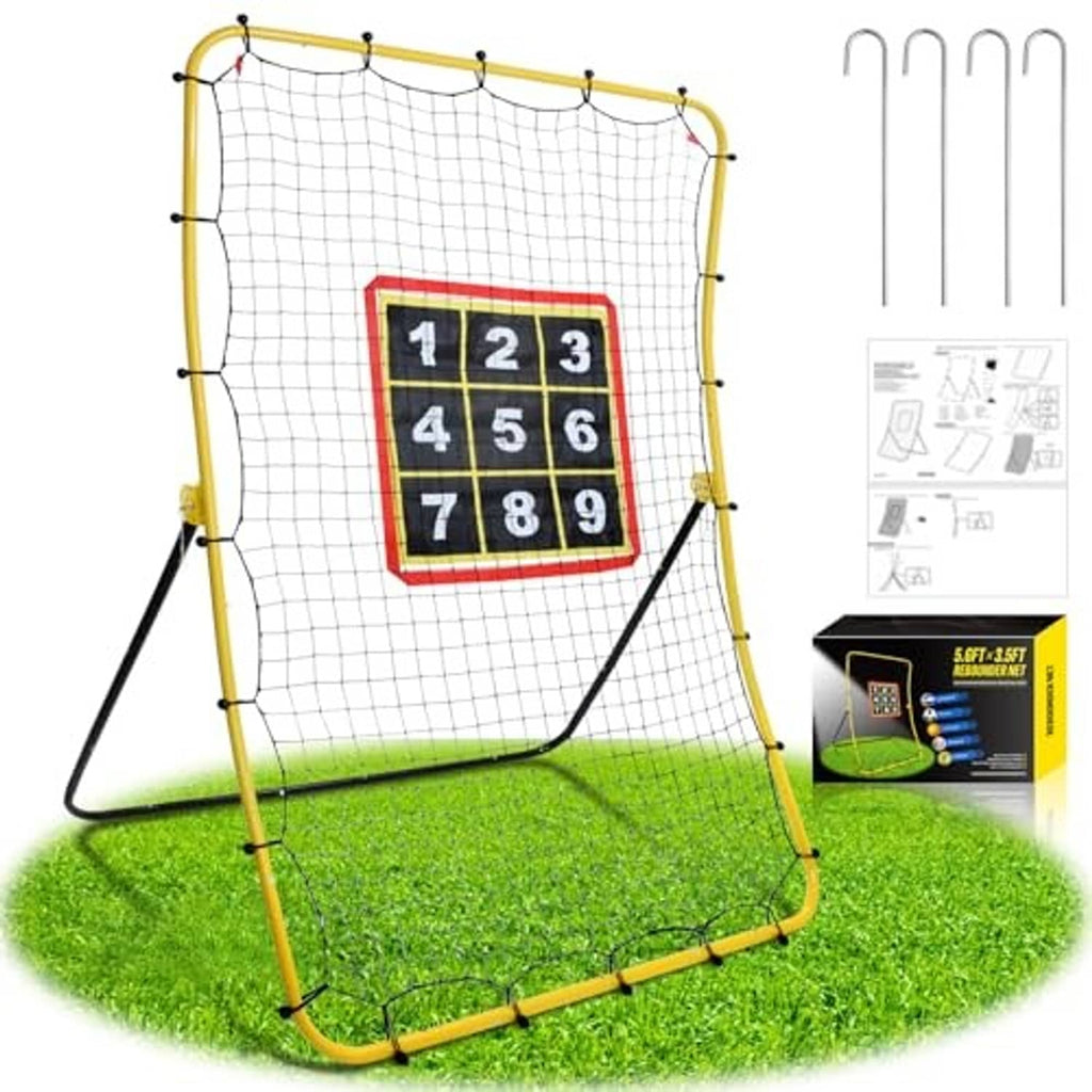 Baseball pitching rebounder net, yellow frame, white netting, 1–9 square target