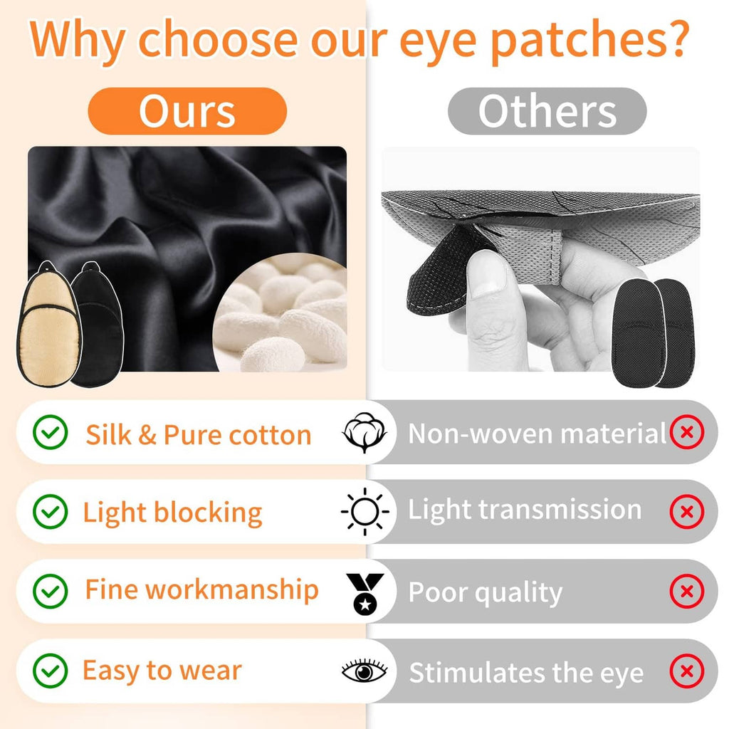 Close-up of beige and black eye patches displayed in a comparison graphic layout.