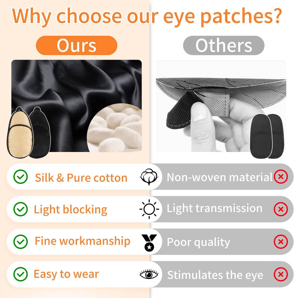 Close-up of beige and black eye patches displayed in a comparison graphic layout.