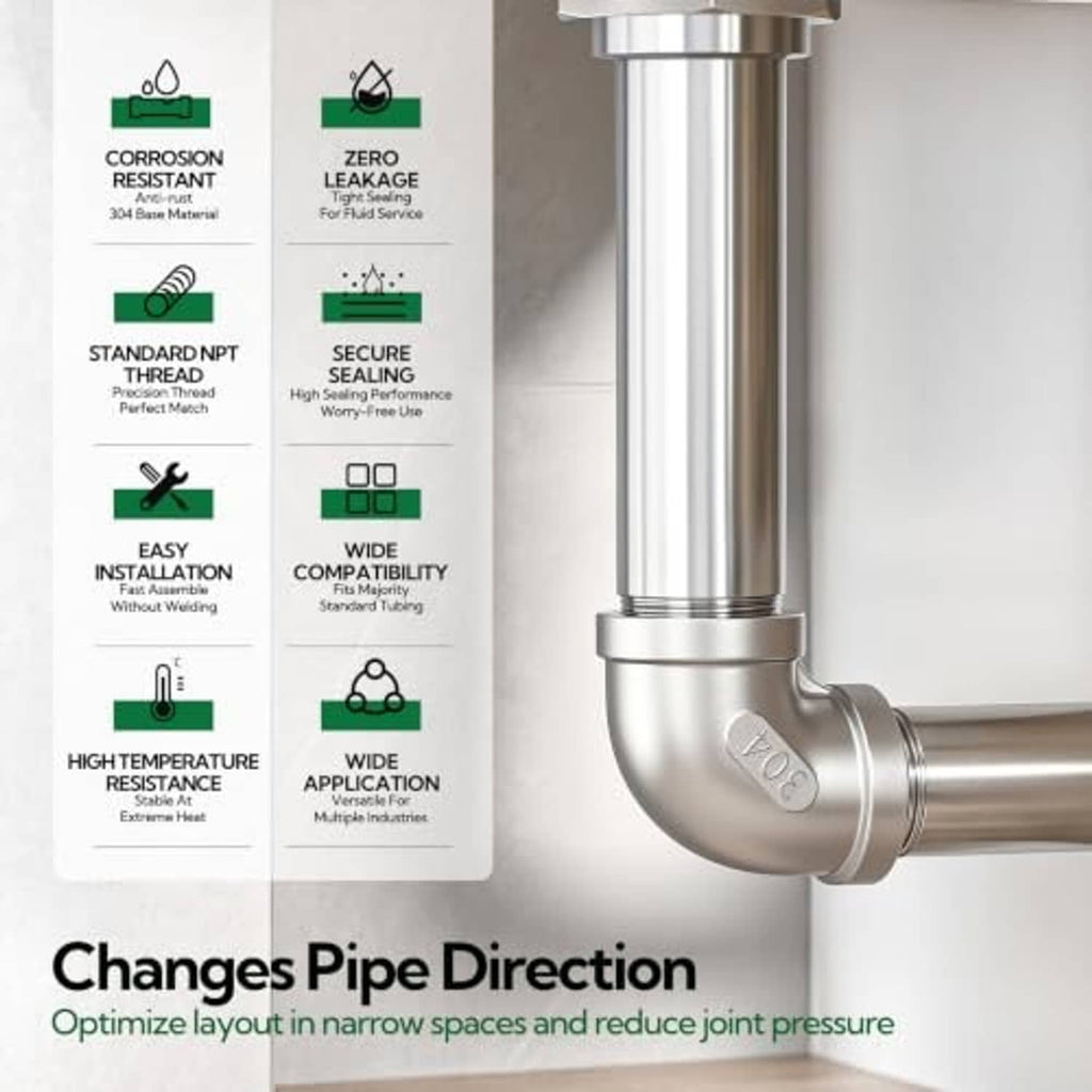 304 stainless steel 90-degree elbow fitting with NPT threads in a pipe connection