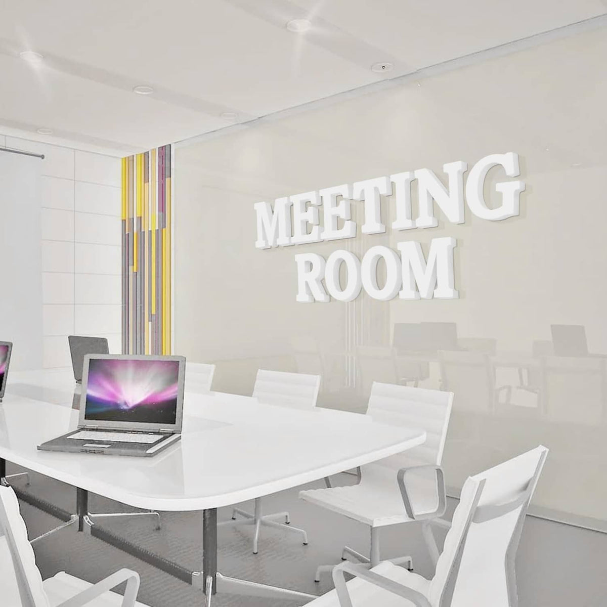 White wooden wall letters reading MEETING ROOM