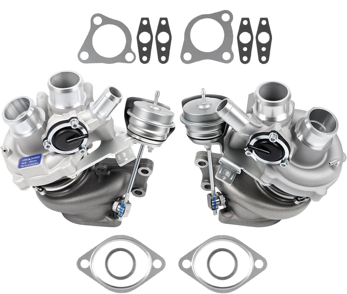 Twin turbocharger set with gaskets and mounting parts, silver metal components
