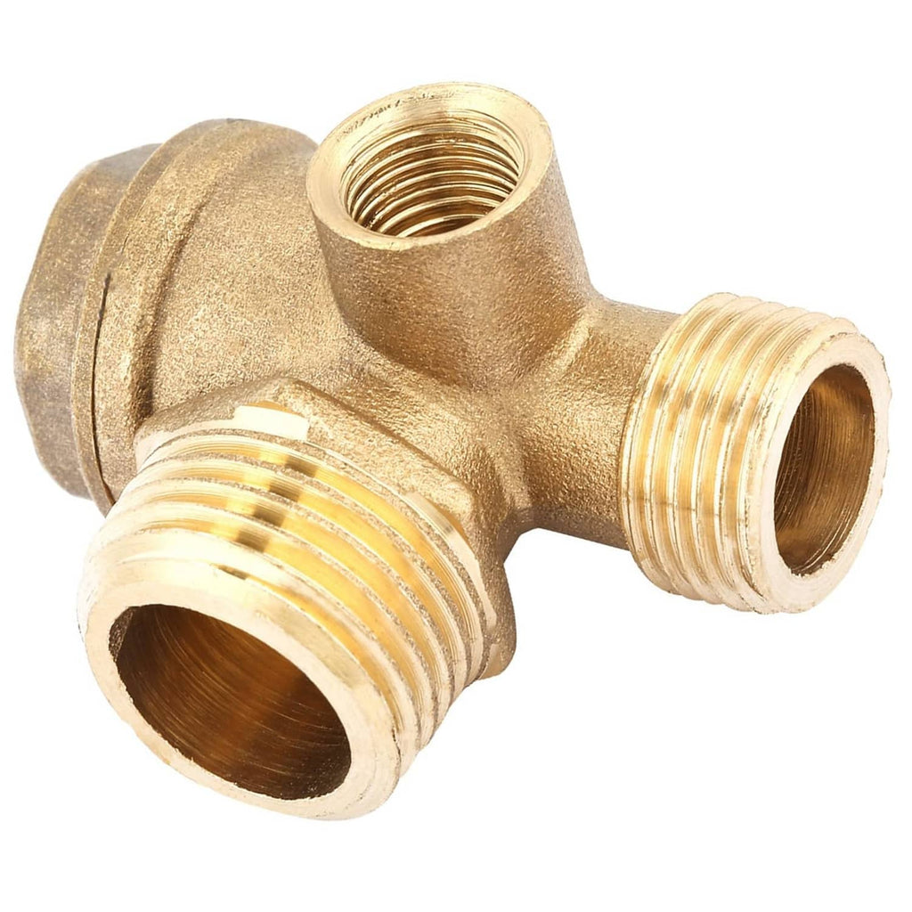 Brass 3-way air compressor check valve with three male threaded ports in a cross shape