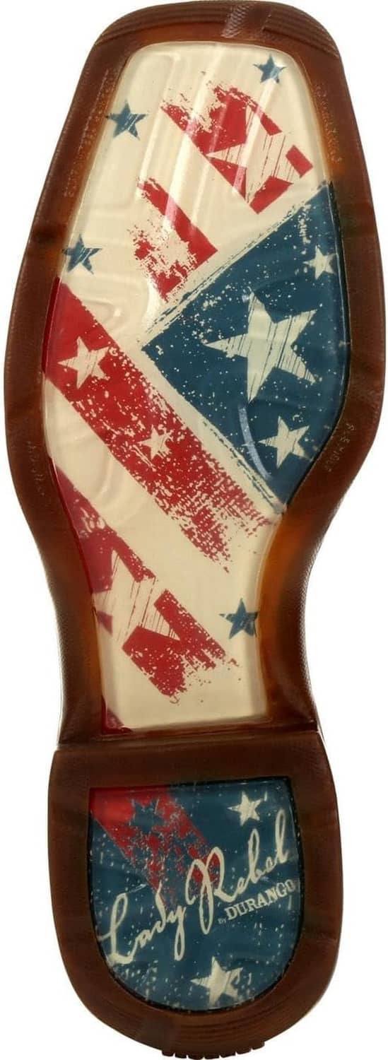 Brown boot outsole panel with distressed flag-style graphic and text near heel.