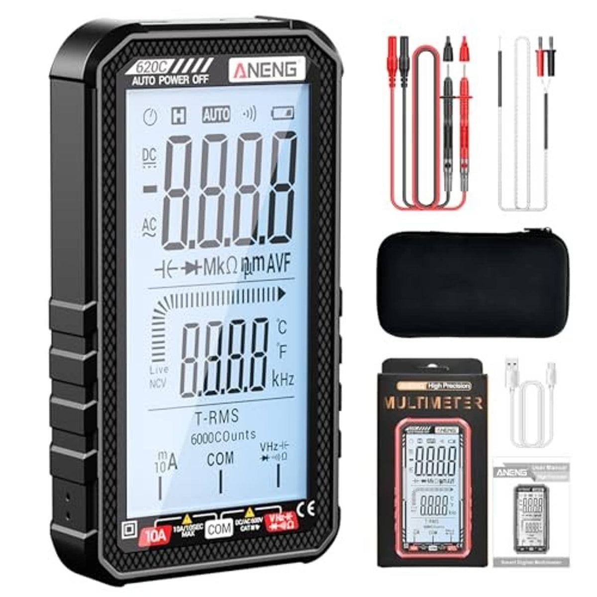 Black digital multimeter with LCD screen, test leads, and zip storage pouch