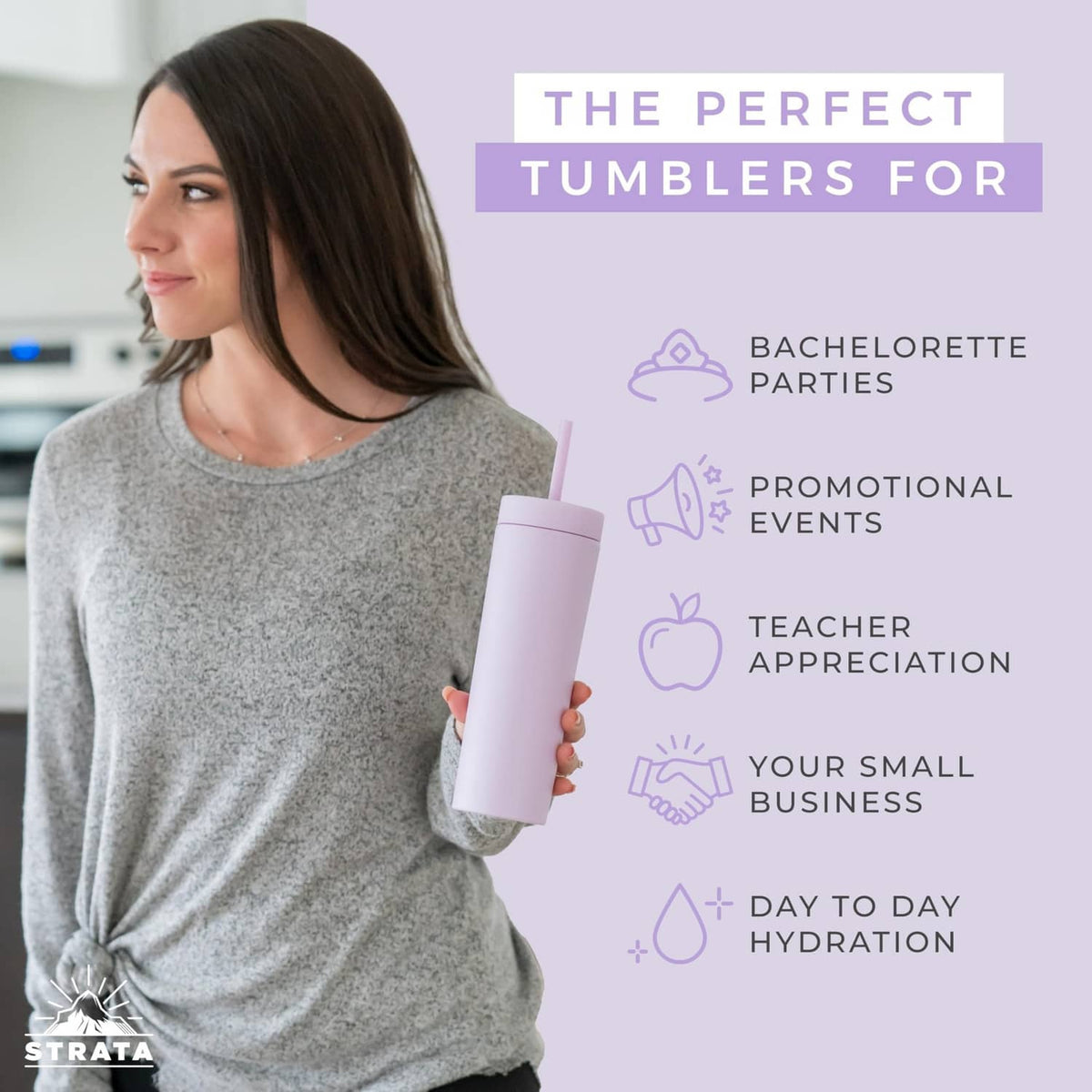 Lavender skinny tumbler with lid and straw, held in a hand