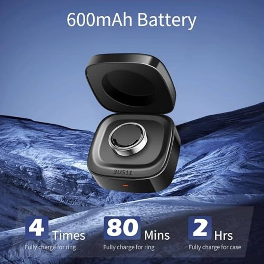 Black charging case with lid open, round metallic charging cradle