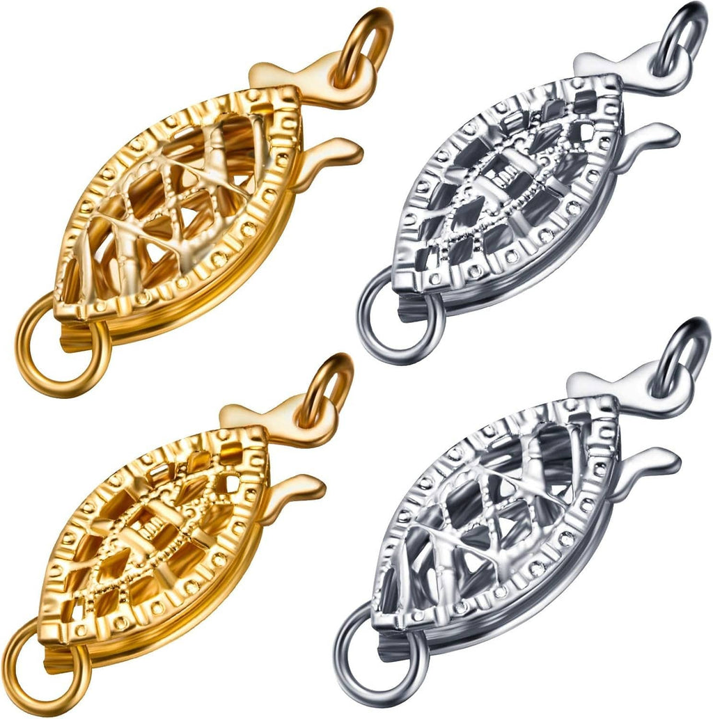 Set of oval filigree necklace clasps with pearl-look details and fish hook closures, gold and silver