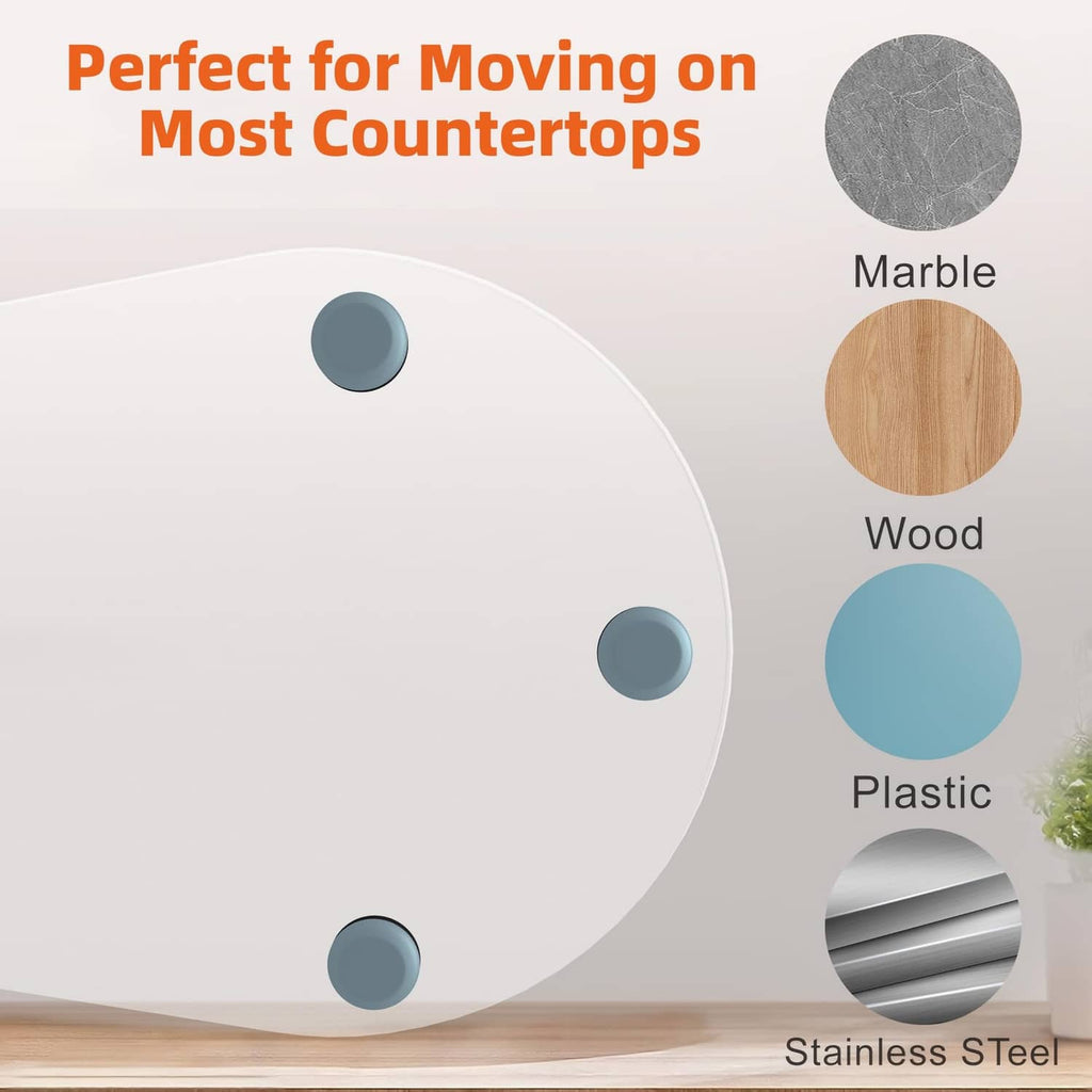 White oval mixer mat with blue pads for marble, wood, plastic, and stainless counters