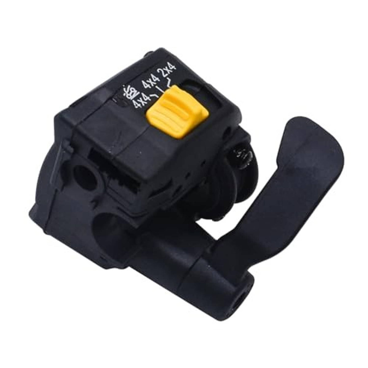 Black thumb throttle control lever with yellow switch button and dark grip handle