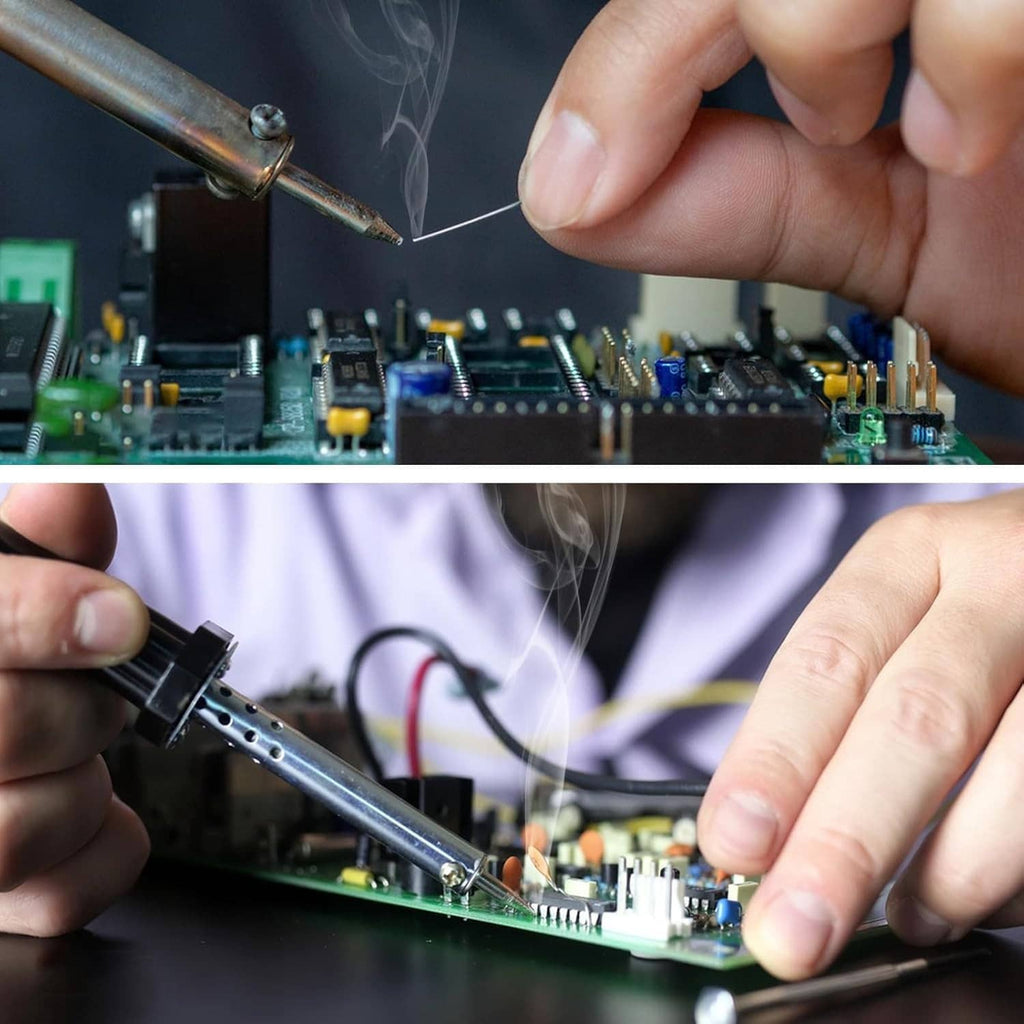 Hands soldering a circuit board with a heated metal soldering iron tip