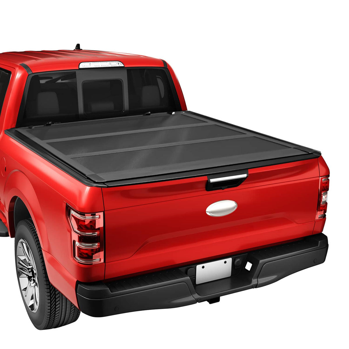 Hard tri-fold tonneau cover with black lid on a red pickup truck bed