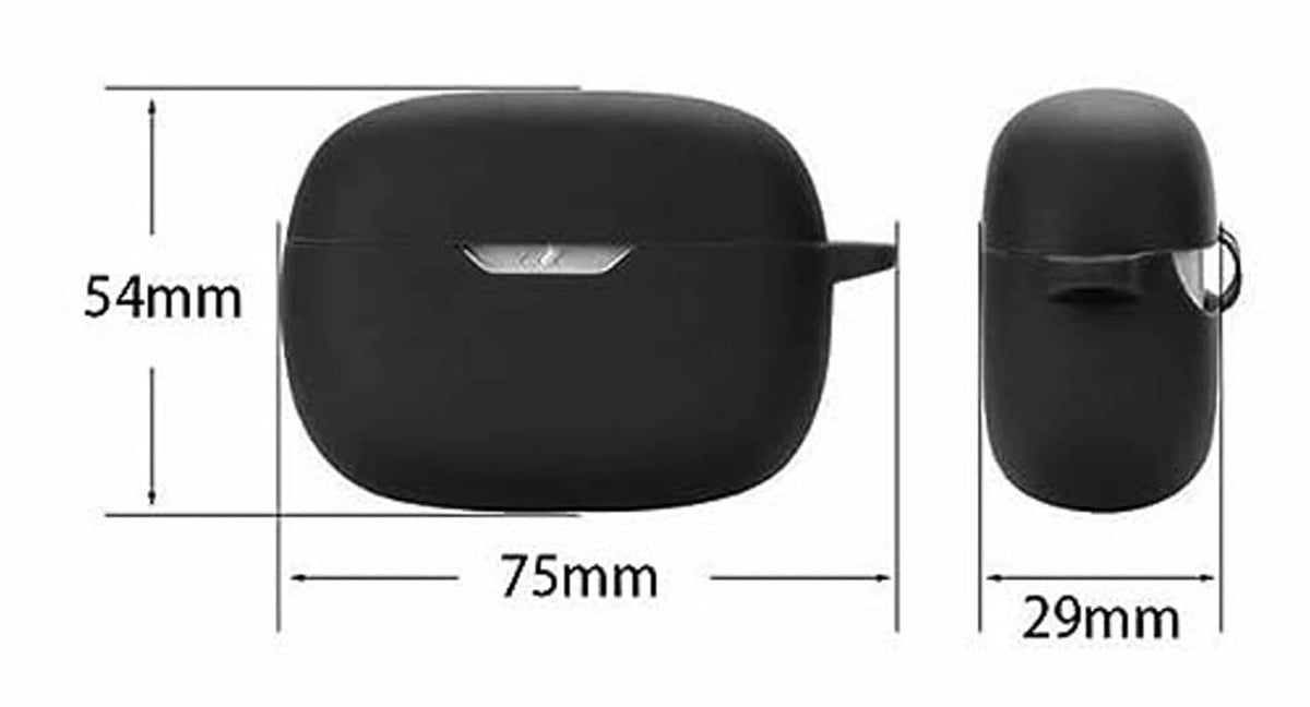 Black silicone earbud case dimensions diagram with 75mm and 54mm markings