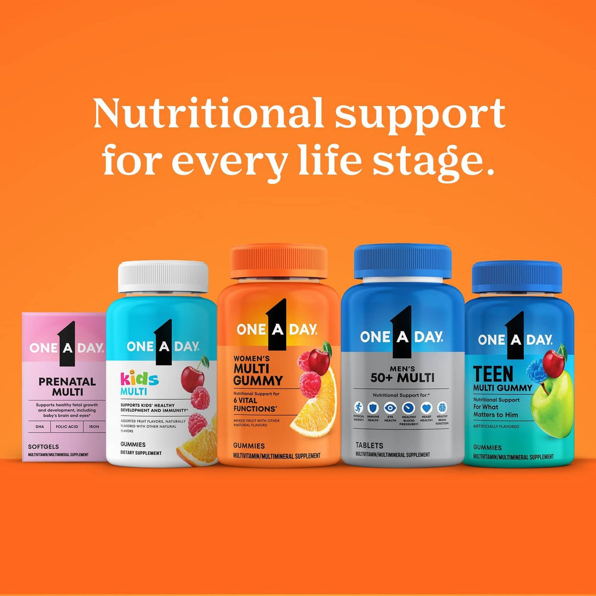Assorted multivitamin bottles for different life stages, including gummy and tablet types