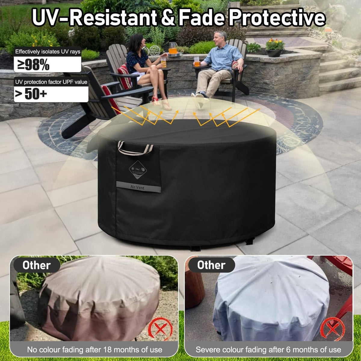 Black round fire pit cover with UV fade protection and protective cover fit
