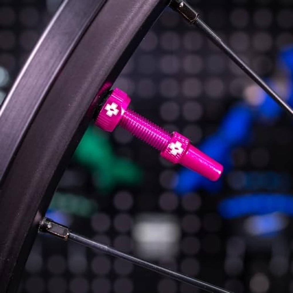 Pink Presta tubeless valve on wheel rim with knurled design and black accents