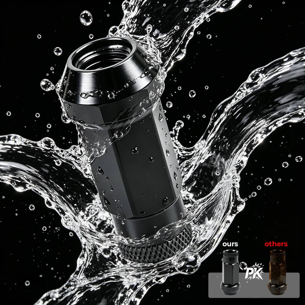 Black wheel lug nut shown with water splash and spray-like droplets