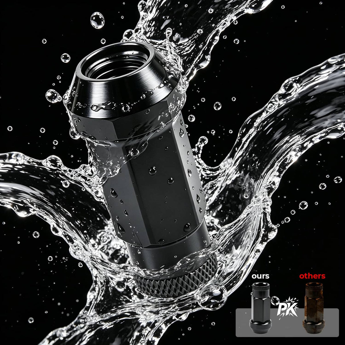 Black wheel lug nut shown with water splash and spray-like droplets