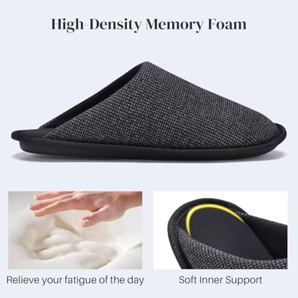 Men's black scuff slipper with high-density foam look, waffle-knit upper, cushioned sole
