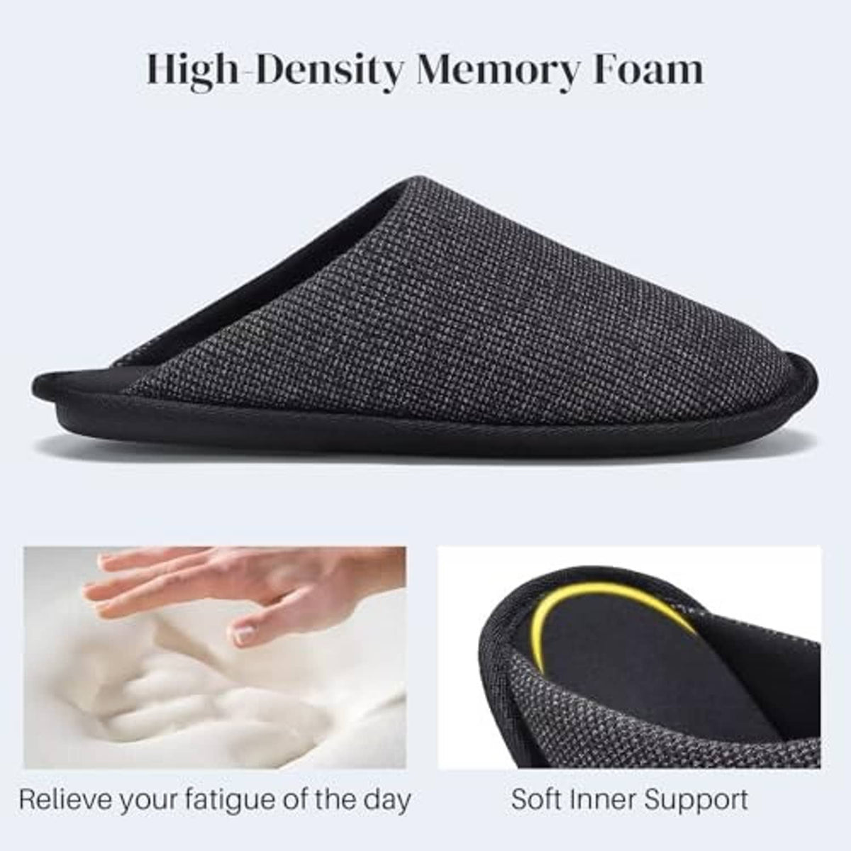 Men's black scuff slipper with high-density foam look, waffle-knit upper, cushioned sole