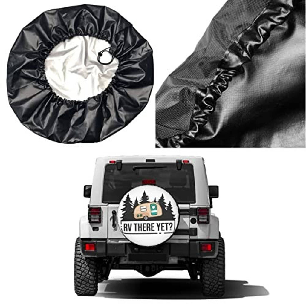 Black drawstring storage bag and gray spare tire cover with camper, trees, “RV THERE YET?”