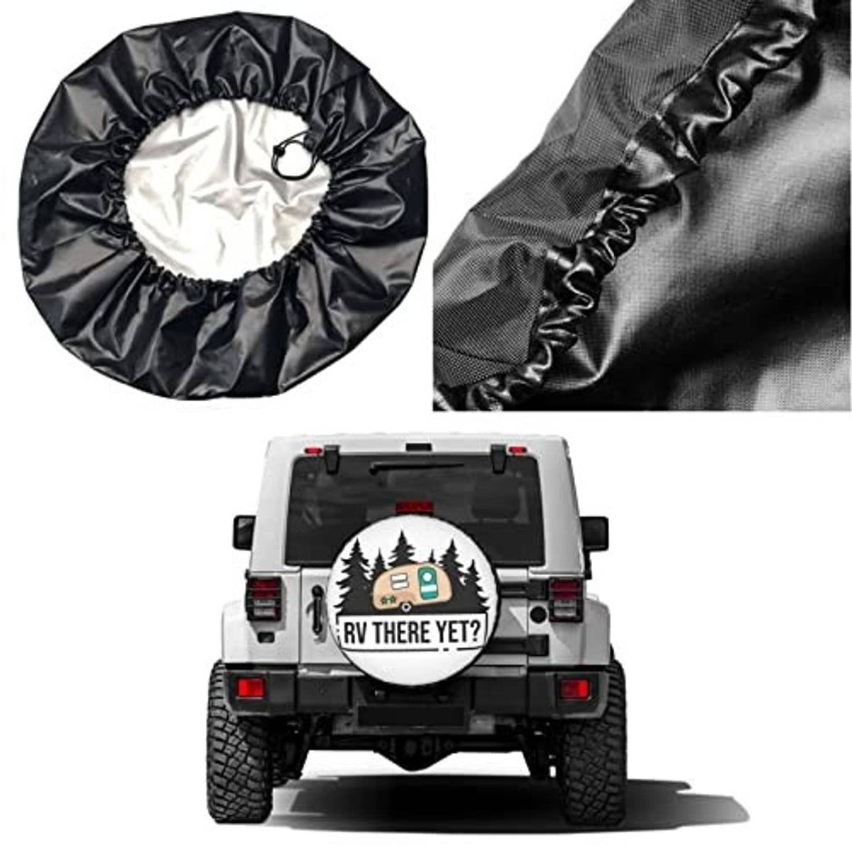 Black drawstring storage bag and gray spare tire cover with camper, trees, “RV THERE YET?”