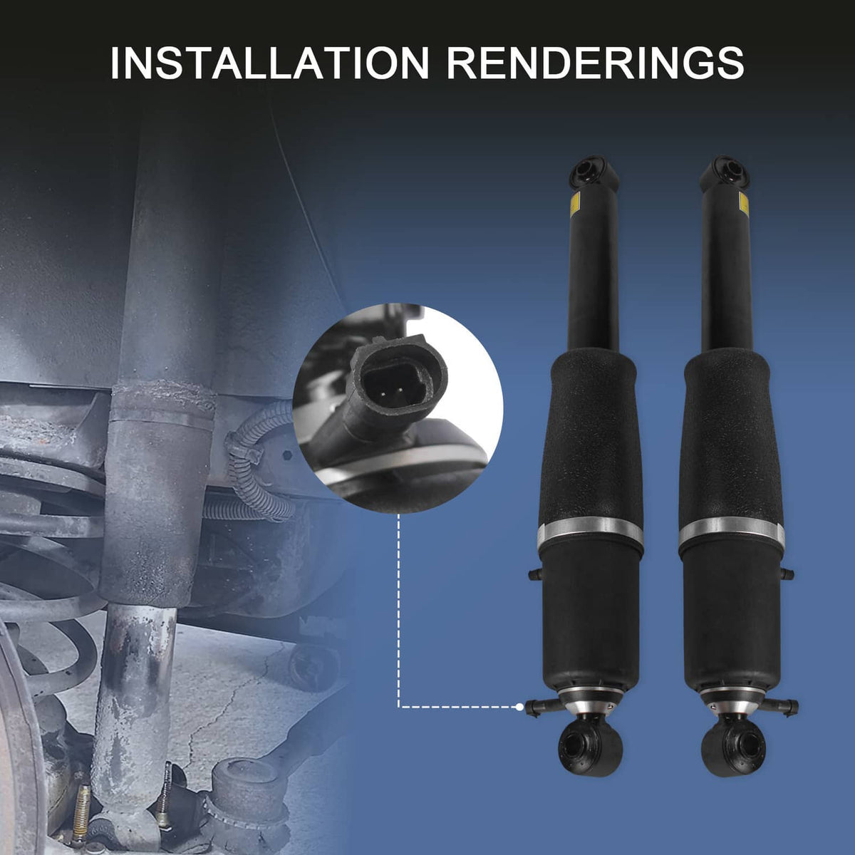 Two black air strut shocks shown installed on an undercarriage with connecting mounts.