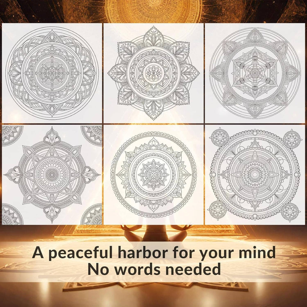 Mandala coloring book cover with multiple grayscale mandala design panels
