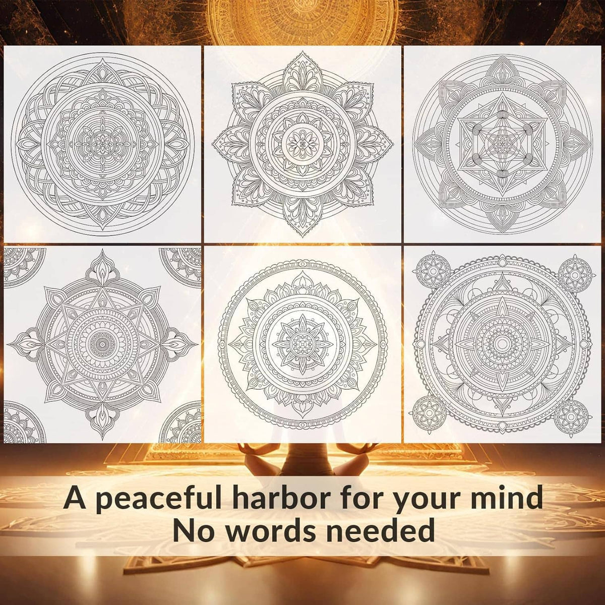 Mandala coloring book cover with multiple grayscale mandala design panels