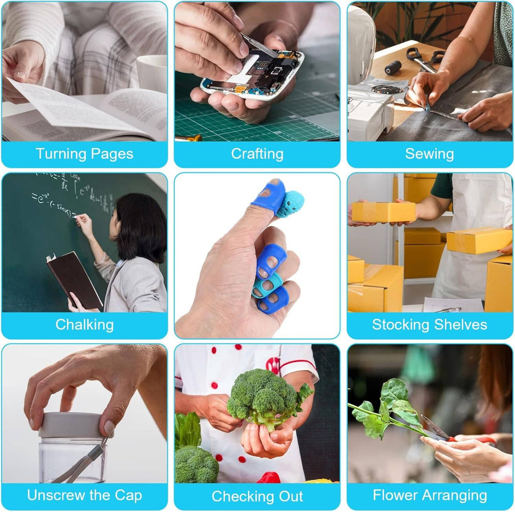 Silicone finger tip protectors on hands for crafting, sewing, and other tasks