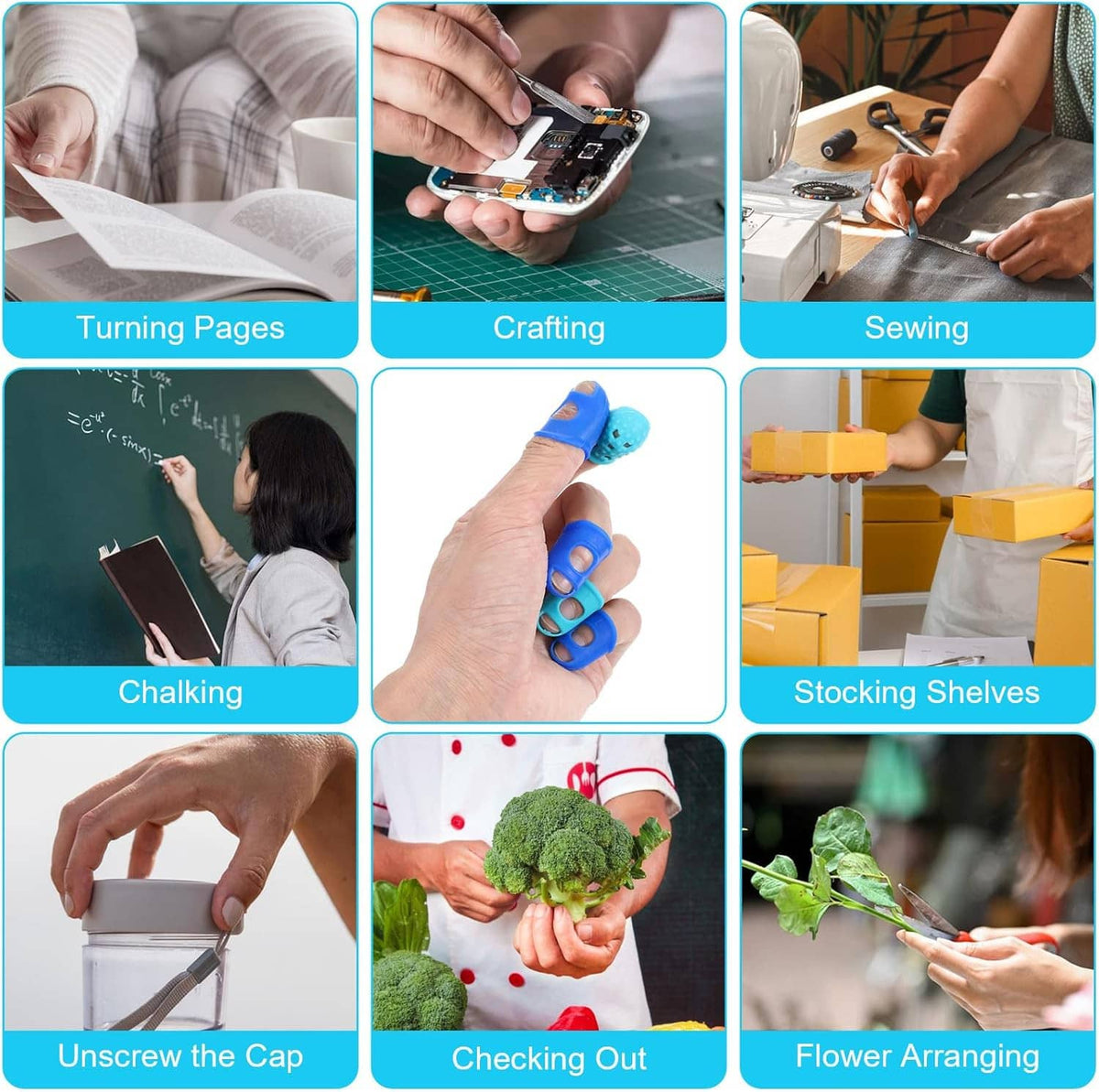 Silicone finger tip protectors on hands for crafting, sewing, and other tasks