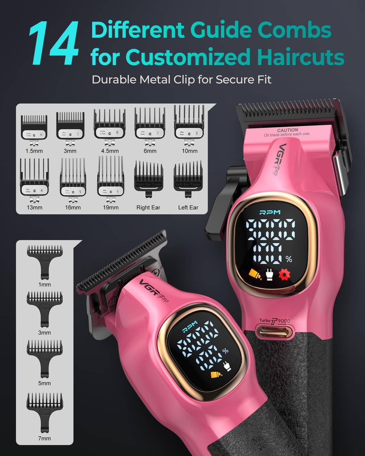 Pink hair clipper with adjustable guide combs and multiple cutting guards shown