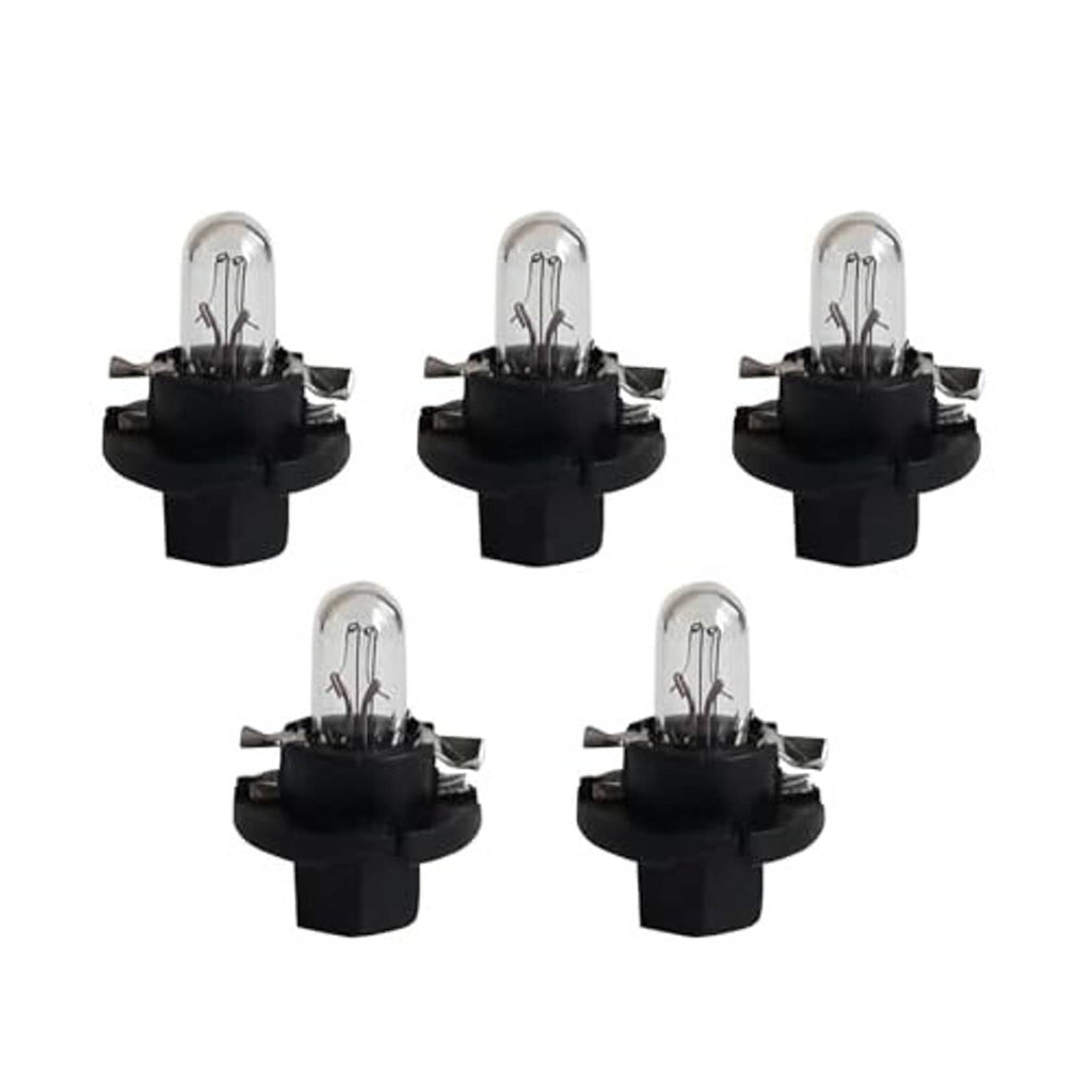 Five T5 car dashboard bulbs shown individually, each with clear glass and black base