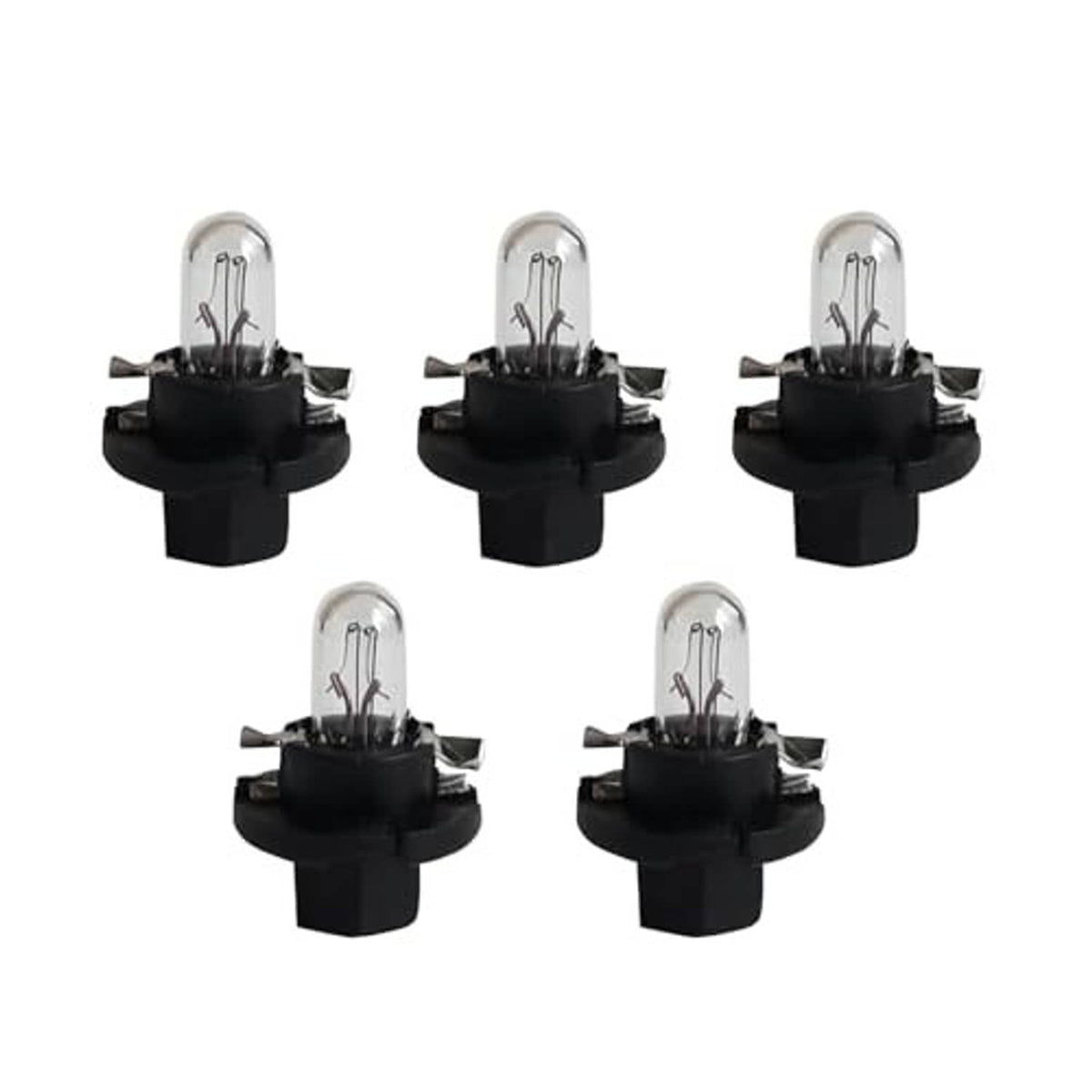Five T5 car dashboard bulbs shown individually, each with clear glass and black base