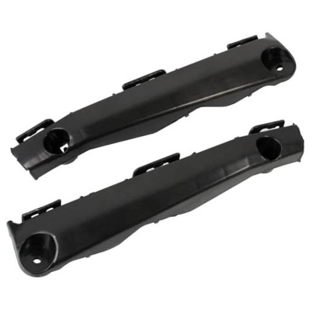 Front bumper bracket pair, black plastic long bars with mounting holes and clips