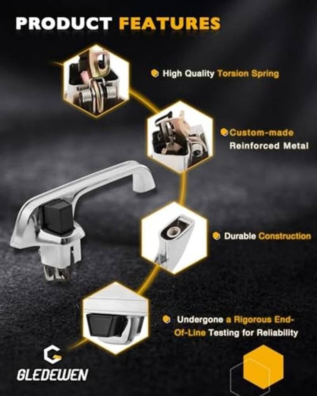 Chrome exterior door handles with black inserts and reinforced metal design