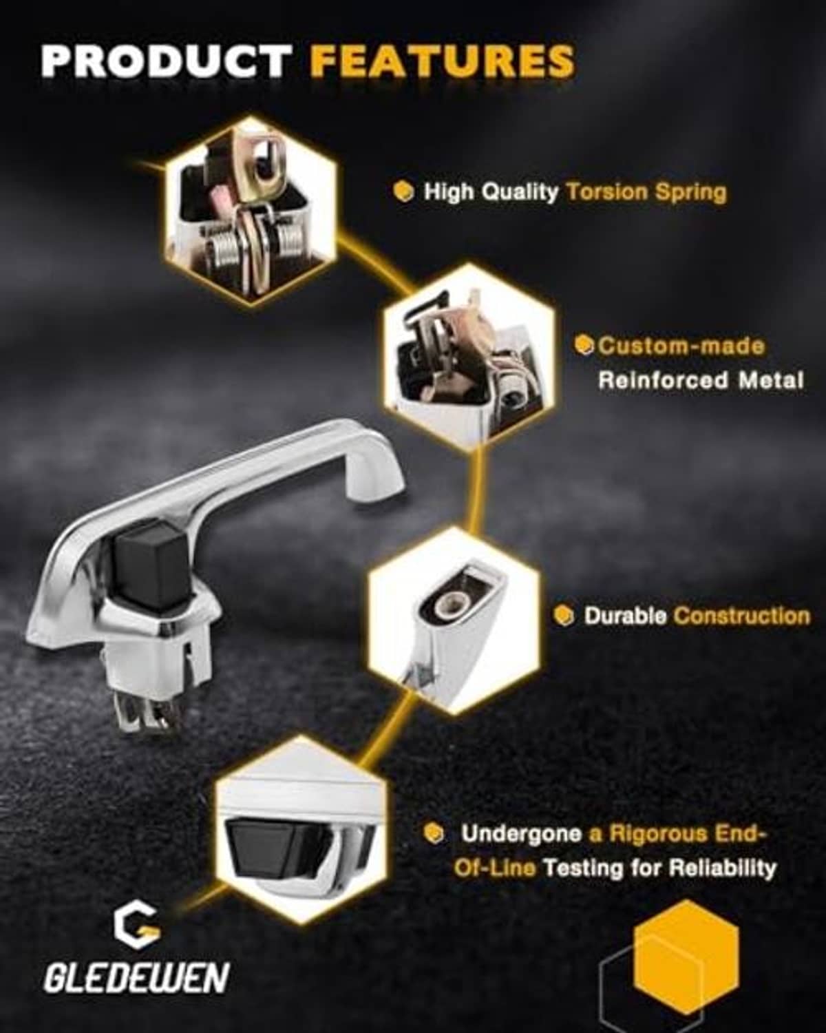 Chrome exterior door handles with black inserts and reinforced metal design