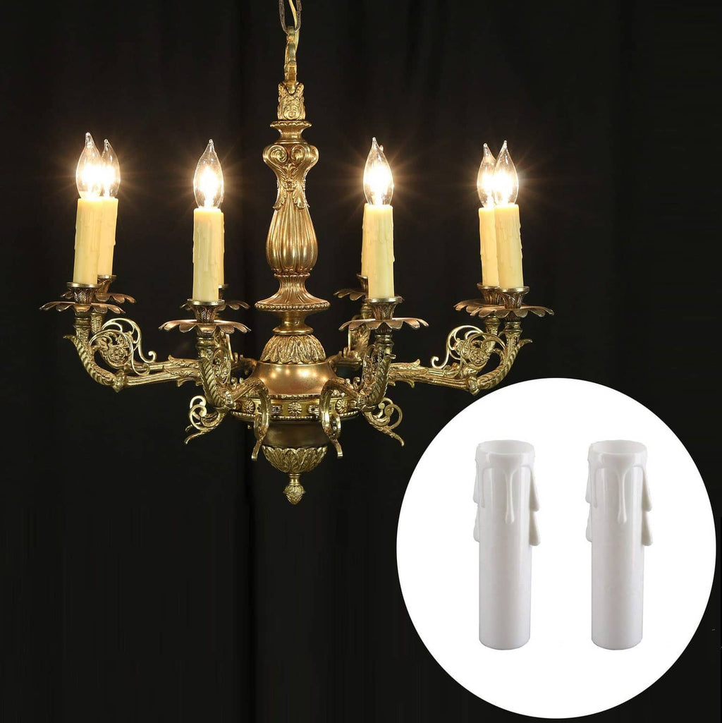 Pair of white E12 chandelier candle sleeves, ribbed plastic, 4 inch socket covers