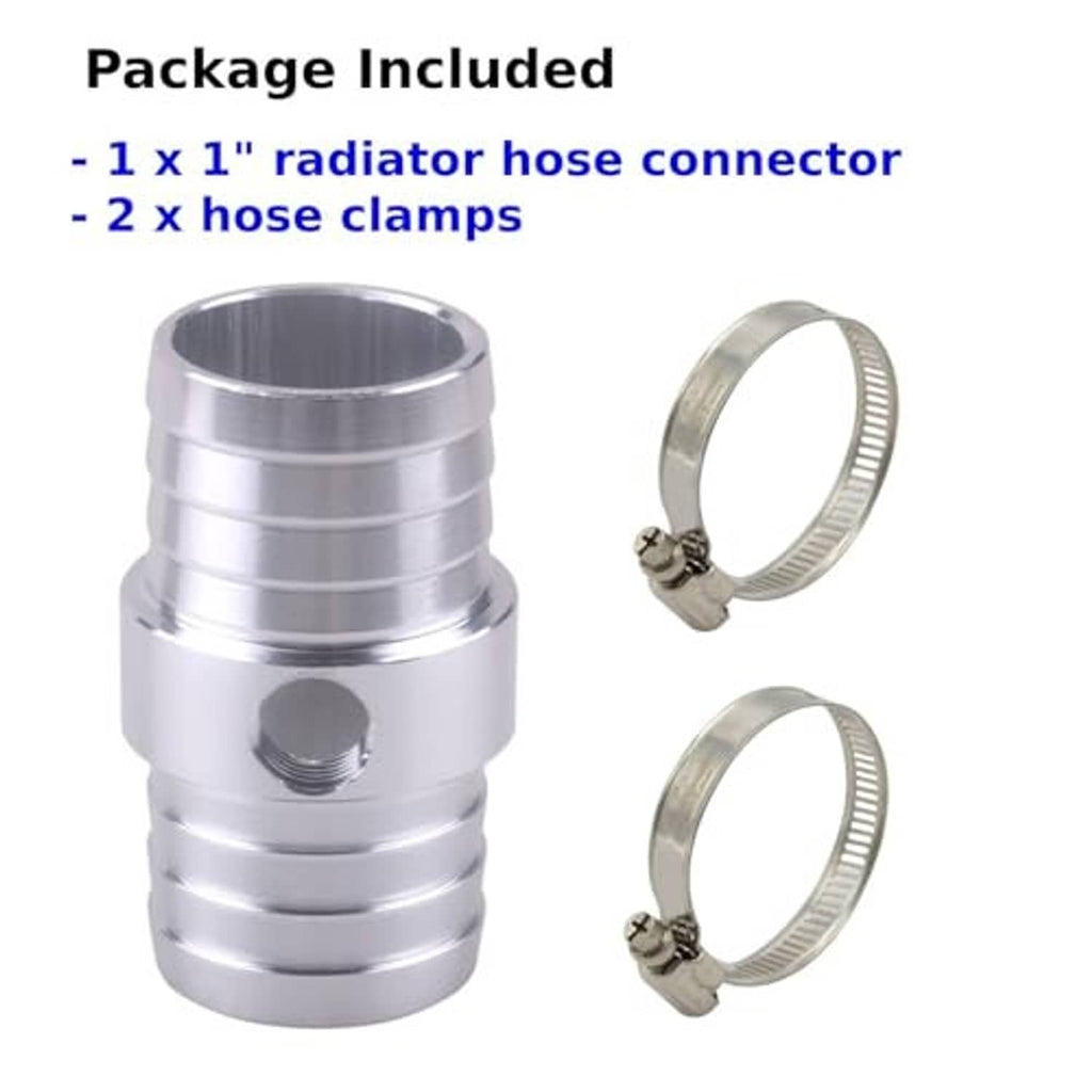 Stainless radiator hose connector with two included hose clamps, silver metal parts