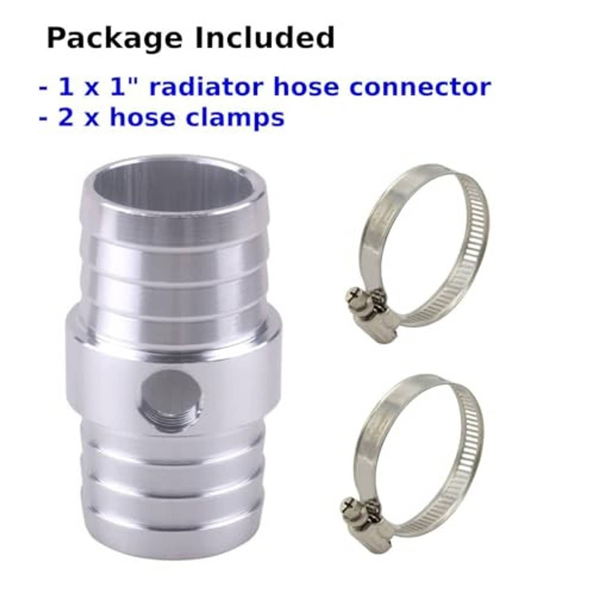 Stainless radiator hose connector with two included hose clamps, silver metal parts