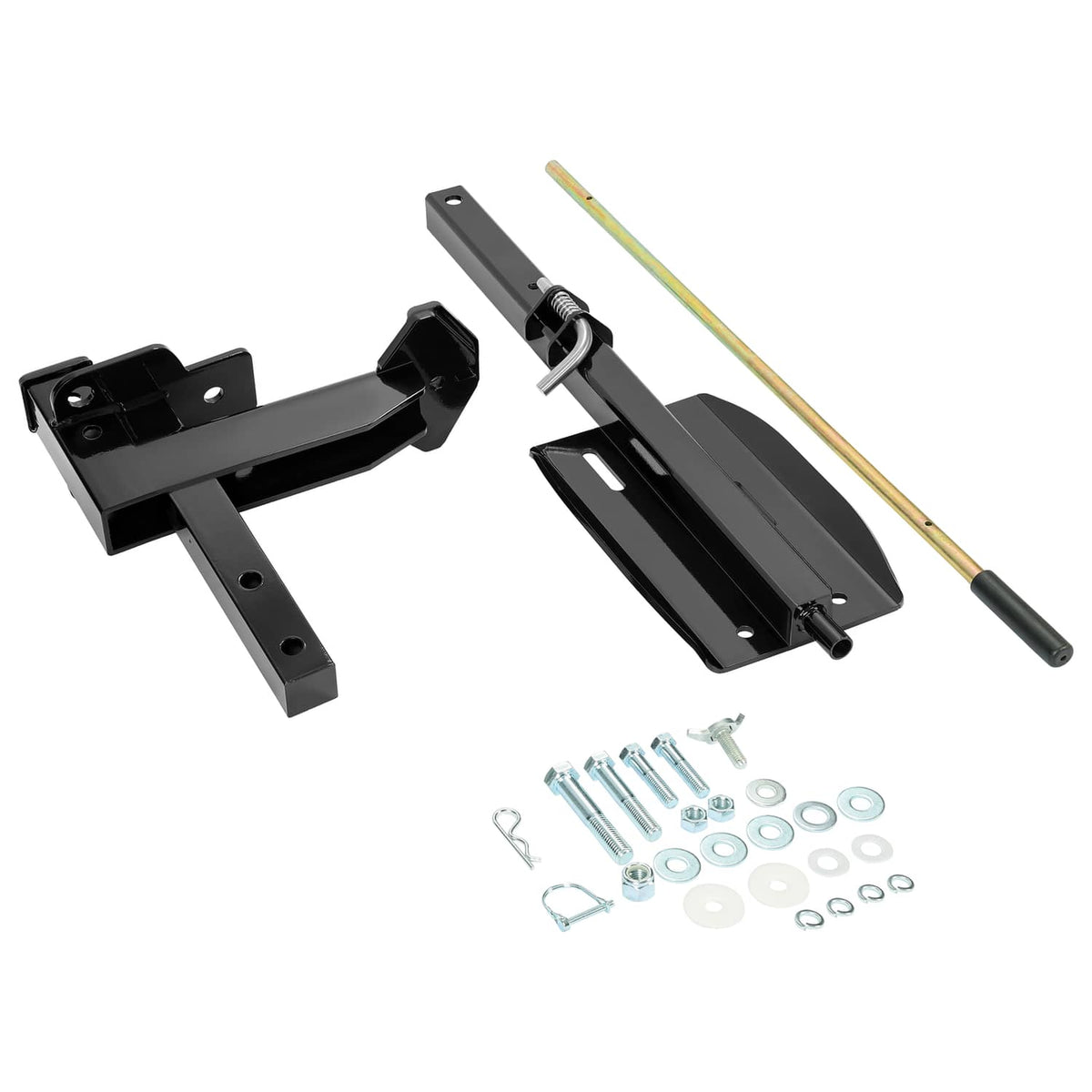 RV dual spare tire carrier with black steel mount brackets and hardware kit pieces