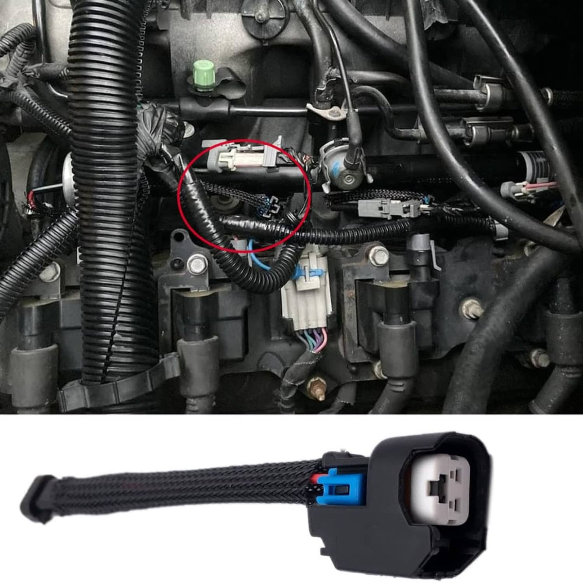 Fuel injector harness adapter pigtail shown connected near engine components; black wire and blue tab