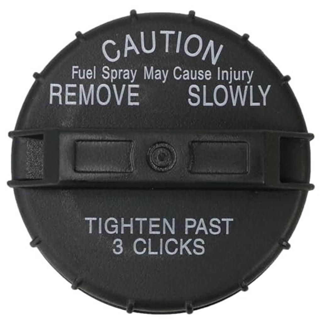Round black fuel tank gas cap face with “CAUTION REMOVE SLOWLY” and “TIGHTEN PAST 3 CLICKS”