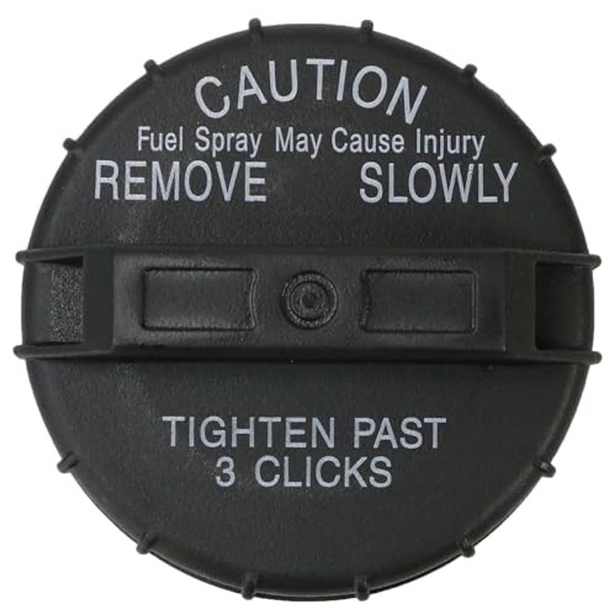 Round black fuel tank gas cap face with “CAUTION REMOVE SLOWLY” and “TIGHTEN PAST 3 CLICKS”