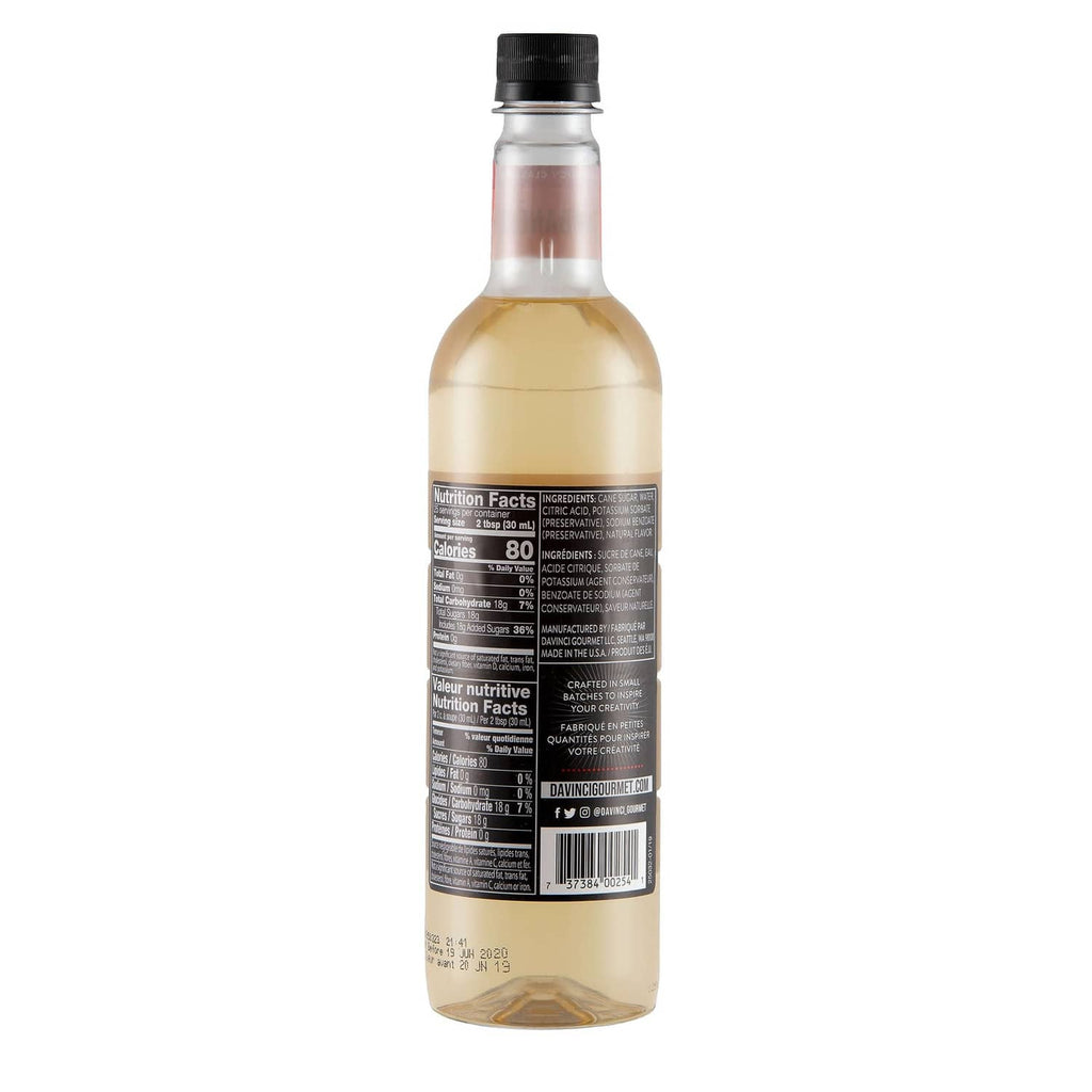 DaVinci Gourmet habanero syrup bottle back label, black text panel, clear amber liquid
