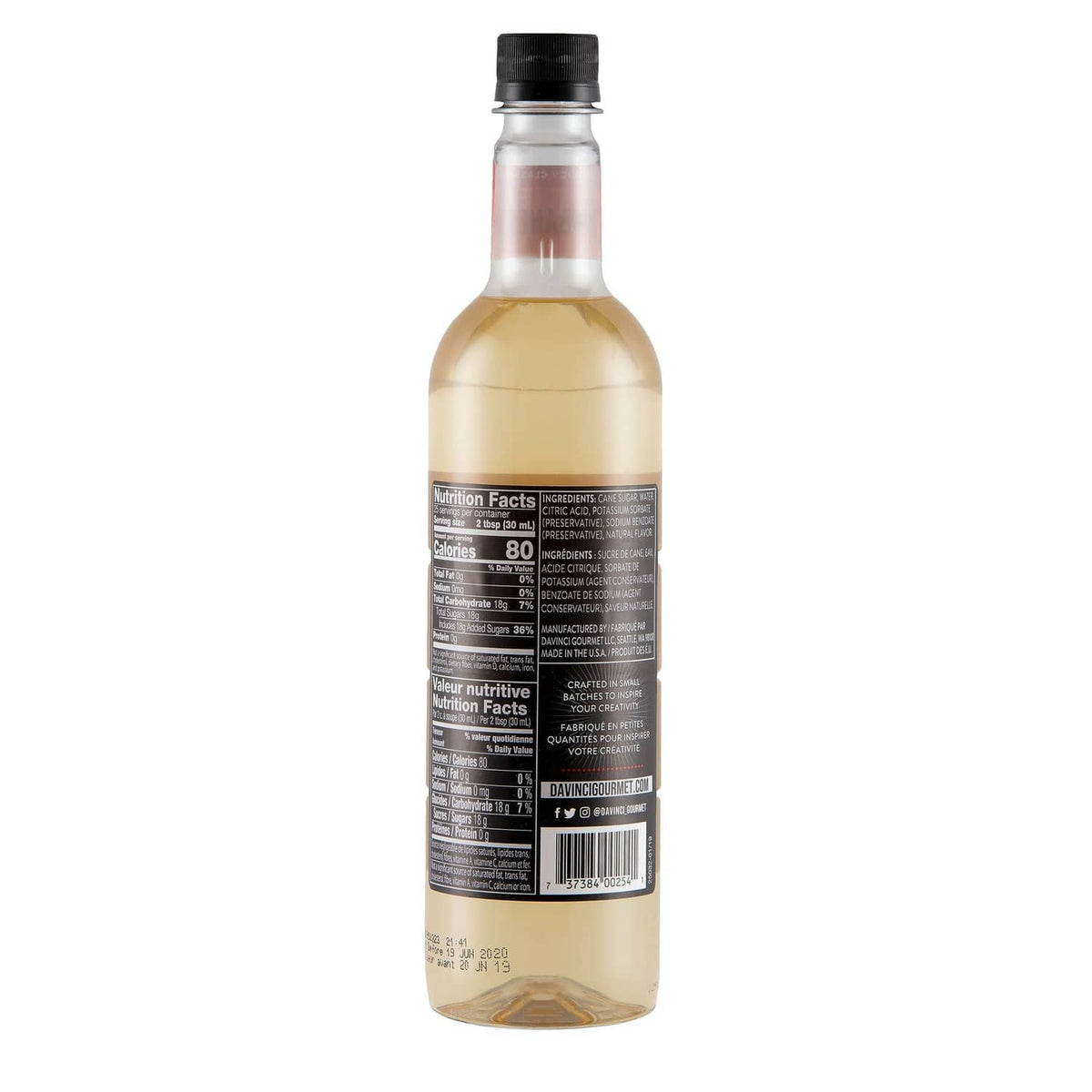 DaVinci Gourmet habanero syrup bottle back label, black text panel, clear amber liquid