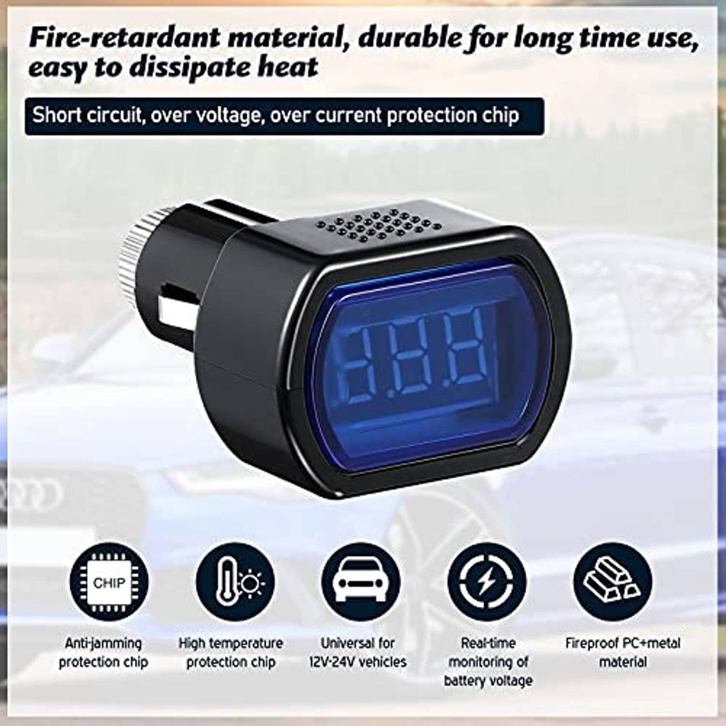 Digital car voltmeter front view with blue LED display and black heat-sink speaker top