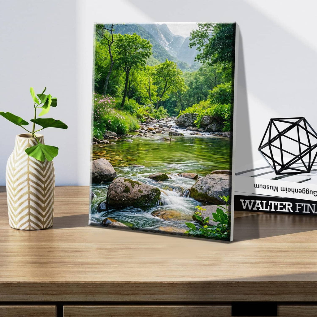 Landscape paint-by-number canvas with flowing river and lush green trees