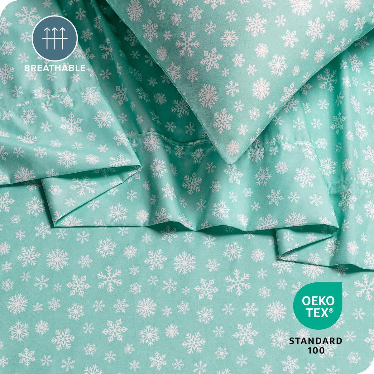 Teal snowflake bed sheet set with stitched corner and OEKO-TEX Standard 100 label