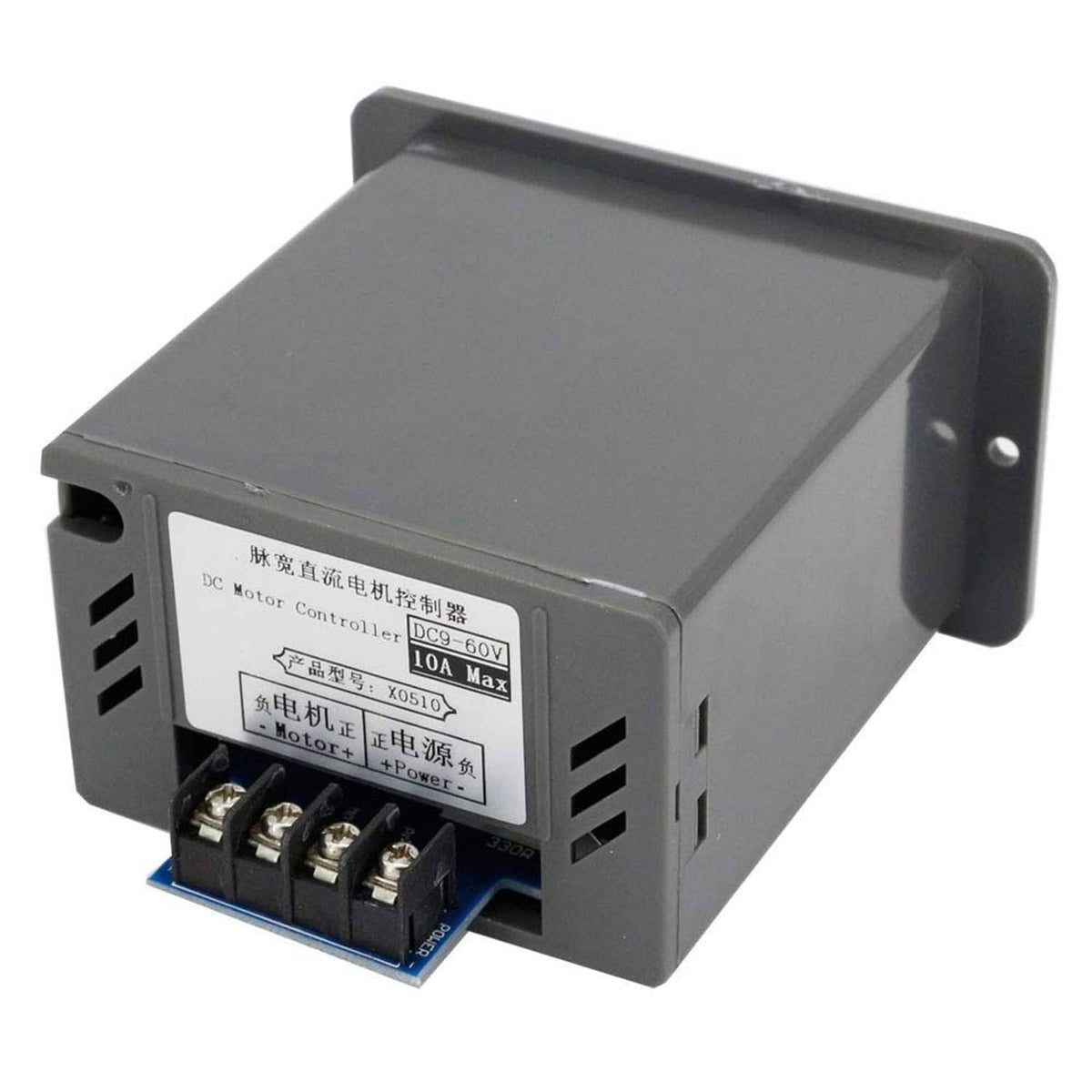 DC motor controller with rear terminal block and input voltage rating label